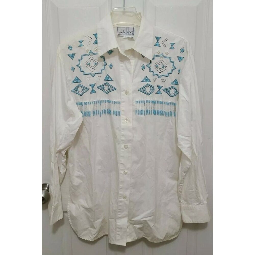 Vtg Erez Levy Women's Long Sleeve Button Up Top Embellished/Beaded Western Sz‎ M
